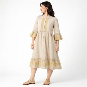 Haris Cotton Linen Dress Tan Gold Ruffles Midi Coastal Boho Resort Women's Sz L